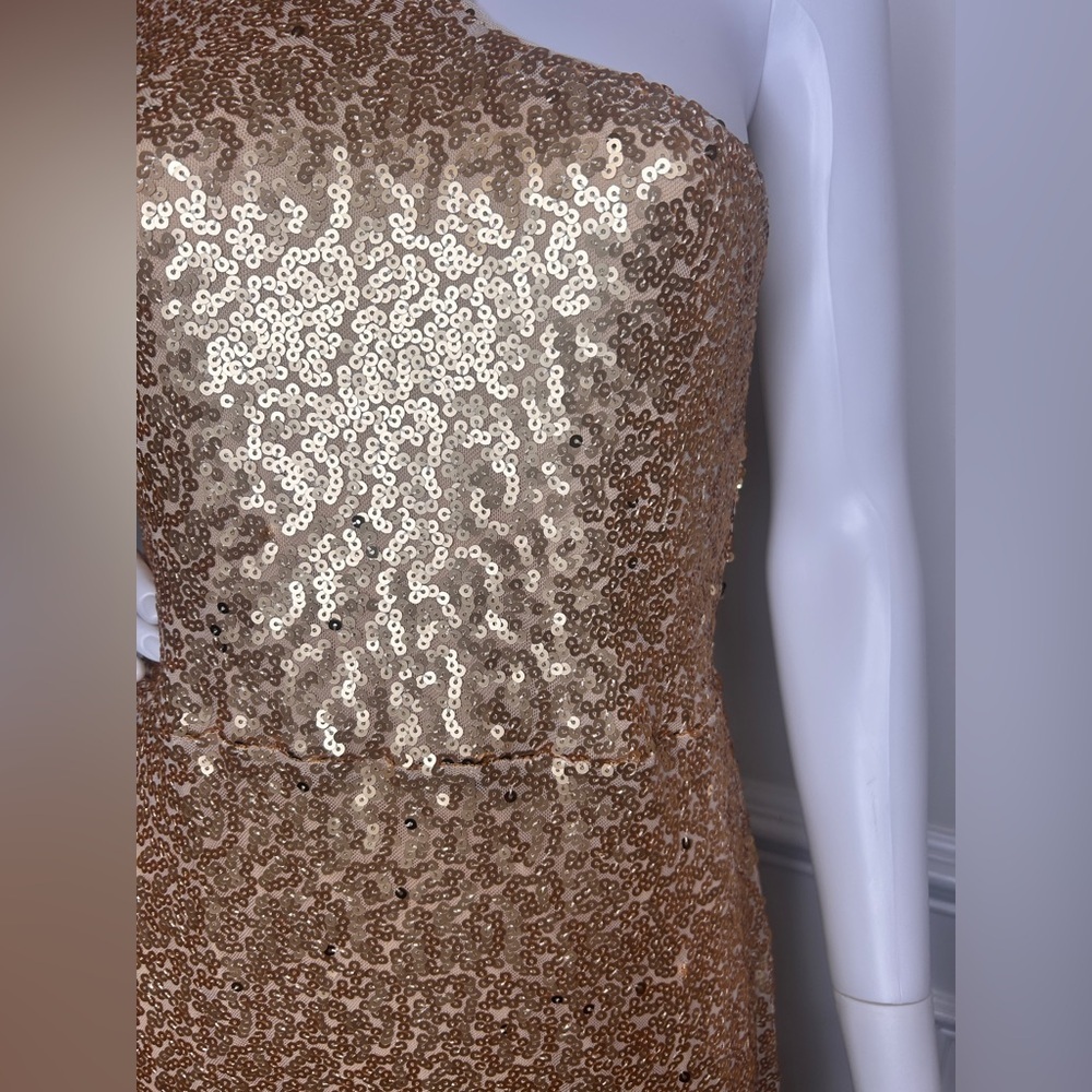 BCBGMAXAZRIA Women's Fit and Flare Floor Length Sequin Evening Gown Gold Sz.L - Picture 9 of 16